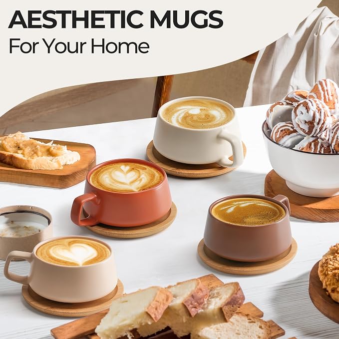 MIAMIO – 11 Oz., Set of 4 Ceramic Tea Cup and Saucer Bamboo/Tea Mug - Wide Cappuccino Cup, Coffee Cups Ceramic Mug for Cappuccino, Latte, Espresso & Americano - Luxe Collection (Beige Pastel)