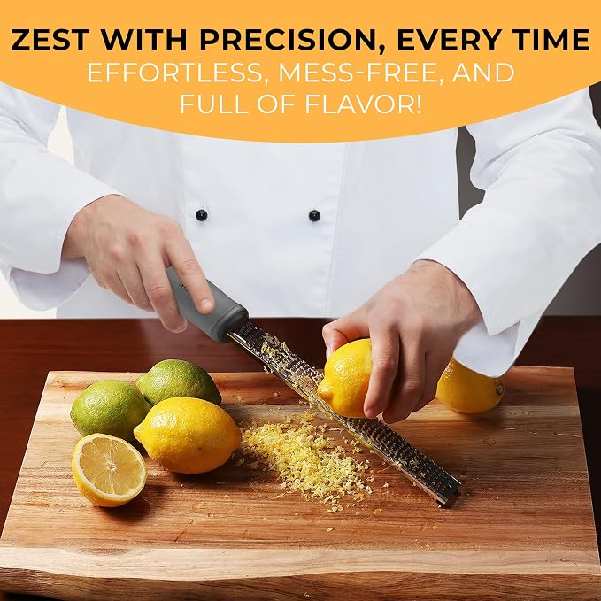 Orblue Lemon Zester & Cheese Grater - Premium Citrus Zester, Kitchen Grater for Parmesan, Chocolate, Fruits, Vegetables, Ginger, Garlic, Nutmeg - Stainless Steel Blades with Protective Cover, Gray