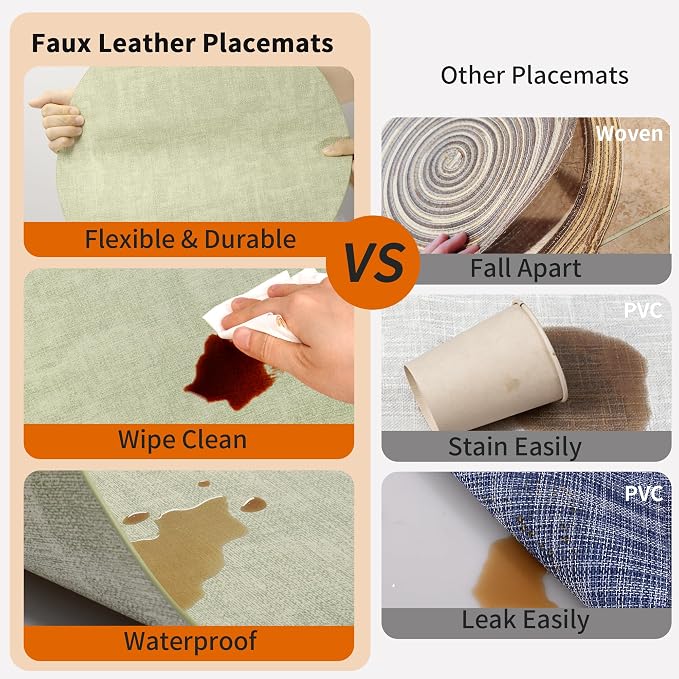 Maxpearl Round Placemats Set of 6, 13.8 inch Faux Leather Heat Resistant Table Mats, Non Slip Waterproof Wipeable Place Mats for Kitchen Dining Holiday Party Table Settings, Sage Green