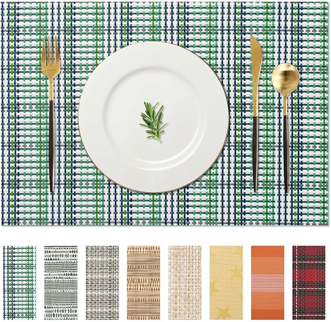 AHHFSMEI Placemats Set of 8 Washable Woven Vinyl Placemats for Dining Table Heat Resistant Non-Slip Stain Resistant Table Mats for Kitchen & Home Decor(Green Blue Stripe,8)