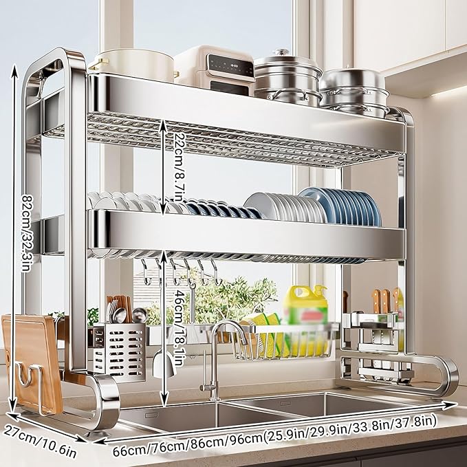 Over The Sink Dish Drying Rack, 304 Stainless Steel 2 Tier Racks, Drainer Drying Rack Kitchen Counter,strainers for Kitchen, Glasses(96cm/37.8in)