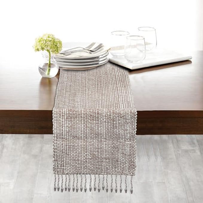 Urban Villa, 100% Cotton Two Tone Table Runner,14''x 72'' Over Sized Taupe/White Two Tone Table Runner with Fringes, Every Day Use Heavier Quality Christmas Runners