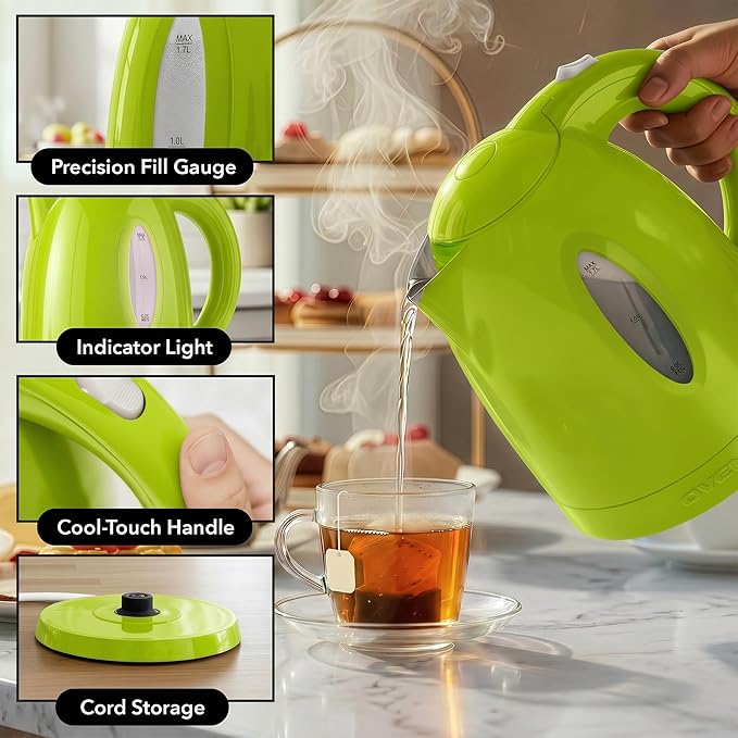 OVENTE Electric Kettle, 1.7L Fast Boiling Water Heater for Coffee or Tea, BPA Free with Water Level Gauge, Auto Shut-Off, Boil-Dry Protection, Indicator Light and Removable Filter, Green KP72G