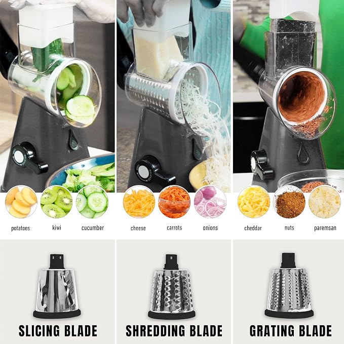 Rotary Cheese Grater with Handle, Cheese Grater Hand Crank, Fast Cutting Grater for Kitchen with 3 Interchangeable Blades, Vegetable Slicer, Cheese Shredder with Suction Cup Base, Dishwasher Safe
