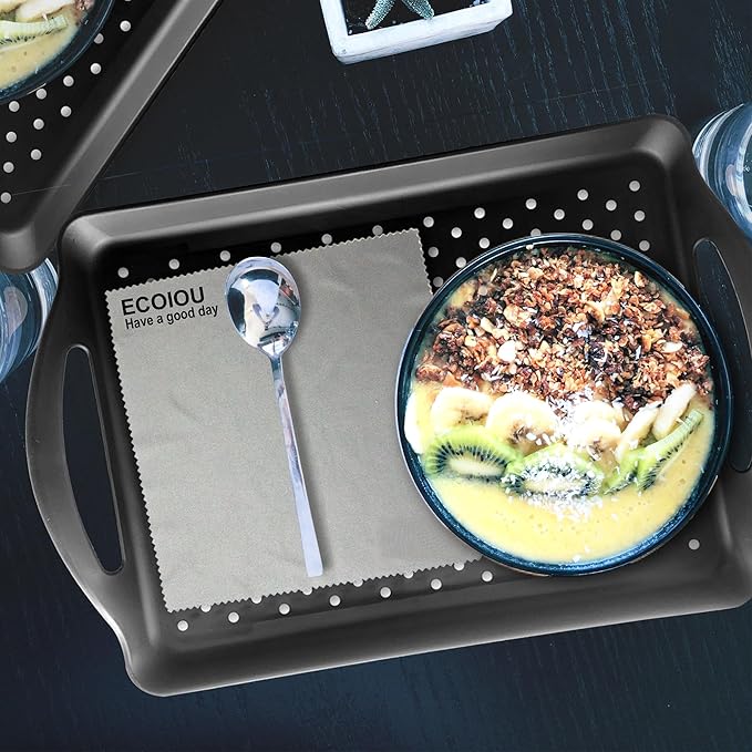 ECOIOU Non Slip Food Serving Tray with Handles, 2-Pack Rectangle Anti-Slip Non-Toxic Dishwasher Safe Tray for Snack Fruit Dessert Breakfast Drink,Black&White