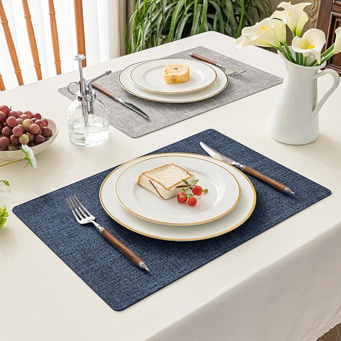 Romanstile Vinyl Placemats Set of 6, Reversible Faux Leather Heat Resistant Wipeable Table Mats, Waterproof Washable Non-Slip Table Placemats for Dining/Kitchen/Outdoor (Grey Nave Blue, 12" x 17")