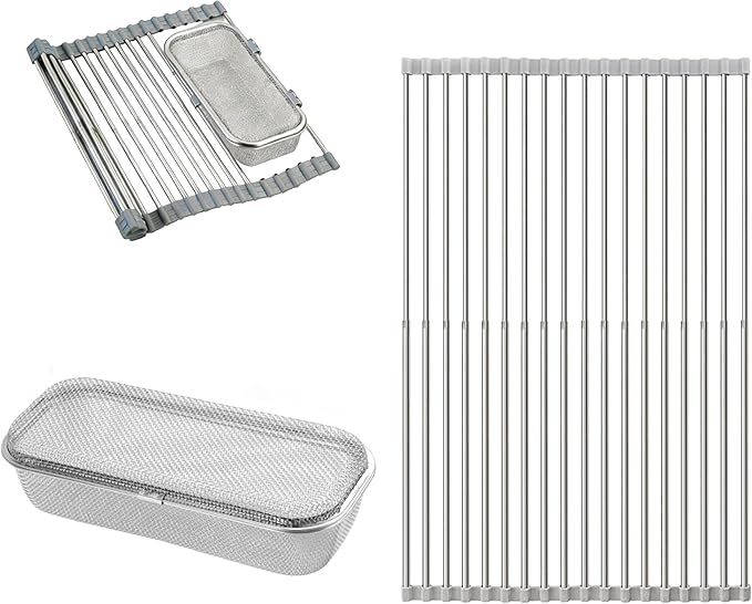 304 Stainless Steel Retractable Sink Drying Rack, Foldable with Removable Mesh Basket & Insect-Proof Cover, Heat Resistant, Dishwasher Safe for Kitchen RV Camping, Perfect