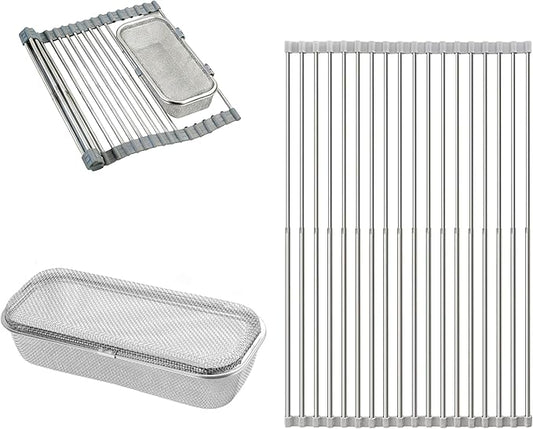304 Stainless Steel Retractable Sink Drying Rack, Foldable with Removable Mesh Basket & Insect-Proof Cover, Heat Resistant, Dishwasher Safe for Kitchen RV Camping, Perfect
