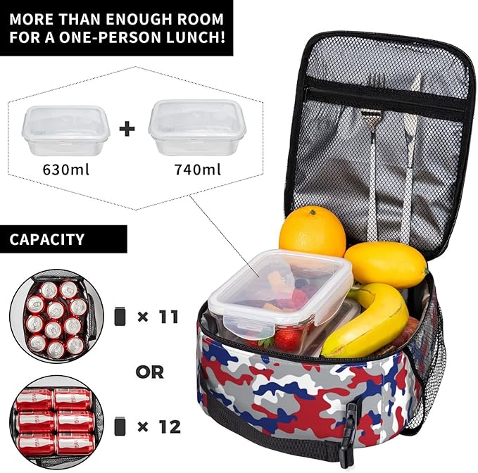 Gianlaima Camo Camouflage Red Blue Insulated Lunch Box For Women Man, Portable Lunch Bag Reusable Cooler Tote For Office Work Travel Picnic Camping Beach
