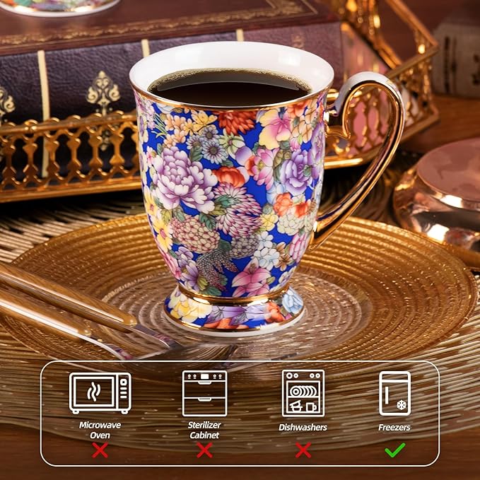 KAMMAK Ceramic Teacups - 350ml/11.8oz Coffee Cup - Set of 2 Hand-Painted Ceramic Cups - Small Vintage Mate Cup - Cute Mugs for Women - Ideal for Birthday, Afternoon Tea & Housewarming Gifts