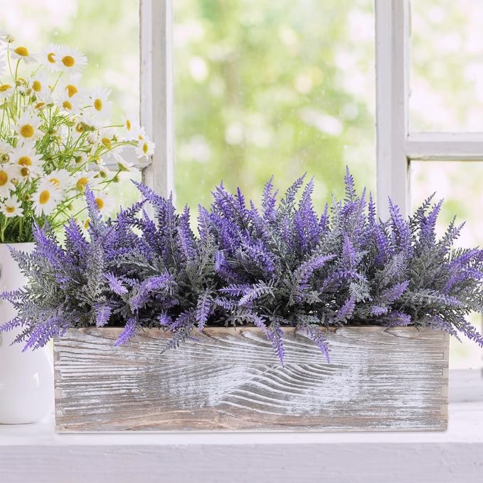 Winlyn 14" Faux Lavender Plant in Rustic Rectangular Wood Planter Box Artificial Lavender Flower Arrangement Potted Plant for Farmhouse Wedding Centerpiece Provence Home Office Room Table Mantel Décor