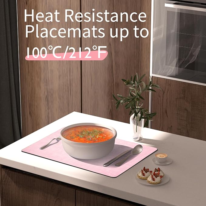 Maxpearl Faux Leather Placemats Set of 6 - Waterproof - Wipe Clean - Heat Resistant - Anti Slip Dining Table Place Mats, Suitable for Indoor & Outdoor Use, 17’’×12’’, Pink