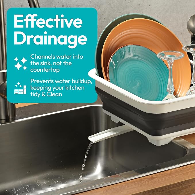 Masirs Pop-Up Collapsible Dish Drying Rack - Convenient Storage - Drains into Sink - Eight Large Plate Capacity - Sectional Cutlery and Utensil Compartment - Compact & Portable Design (12 x 14.4 Inch)