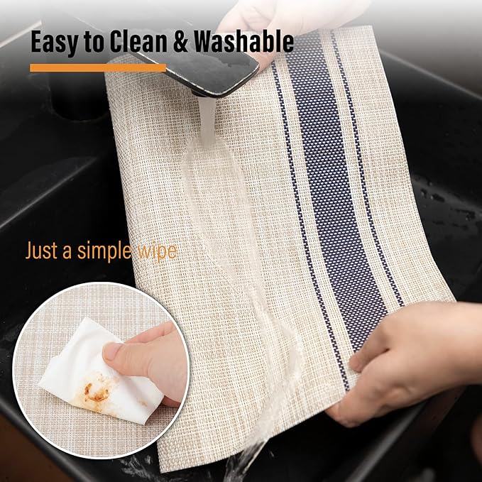 Winknowl Placemats Set of 8, Heat Resistant Non-Slip Vinyl Woven Table Mats for Dining Table, Washable Durable Elegant Place Mats for Kitchen Indoor/Outdoor Use (Beige Blue)