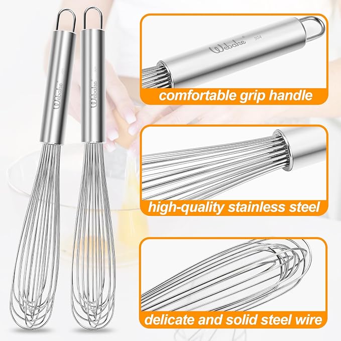 Webake 11" Stainless Steel French Whisk French Whip for Professional or Home, 304 Metal Whisk Set of 2