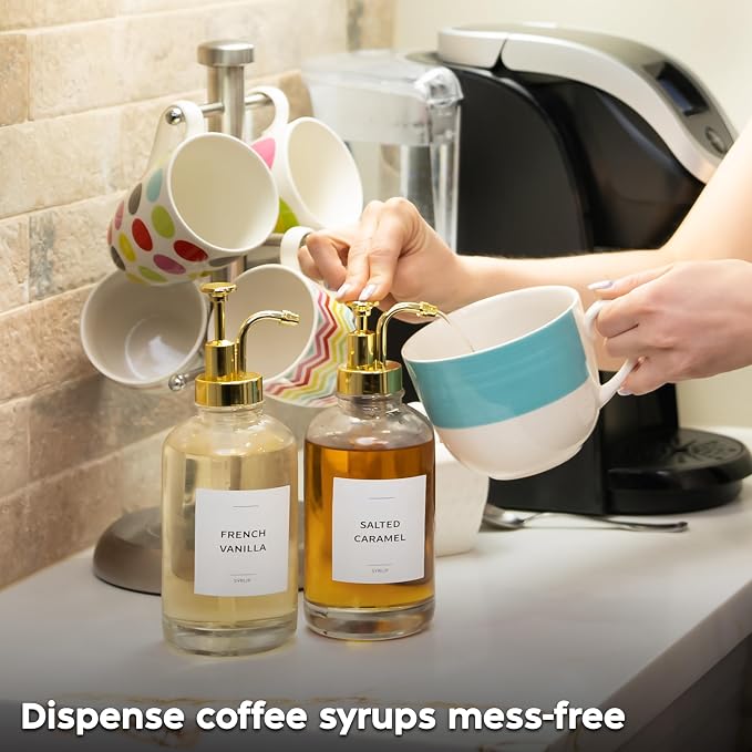 Spaceneat Coffee Syrup Dispenser with Pump - Includes 24 Flavor Labels - Glass Syrup Dispenser for Coffee Bar - Elevate your Beverage Station with 16.9 fl oz Flavoring Container Bottles, 2pcs, Gold | with Pump