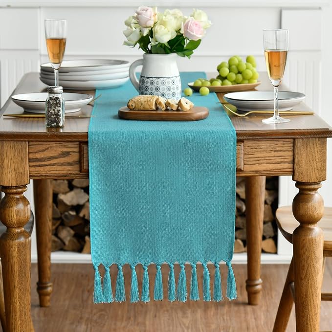 Artoid Mode Teal Tassel Table Runner, Winter Linen Blend Rustic Farmhouse Style Kitchen Table Decoration Holiday Wedding Party Dinning Decor 13x90 Inch