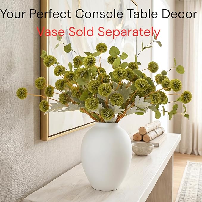 Green Flowers Artificial 10 Long Stems & 2pcs Eucalyptus Branches For Vase, Faux Silk Mum Greenery Arrangement, Realistic Fake Flowers, Green Centerpieces For Tables, Real Touch Floral Stems