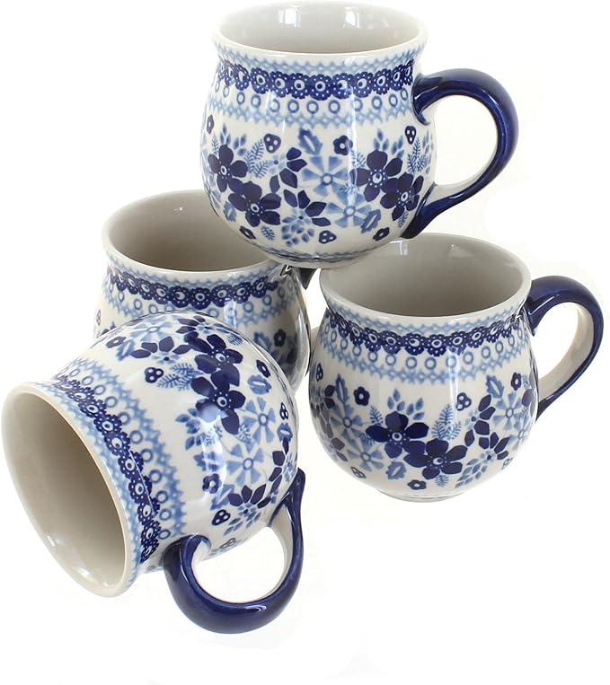 Blue Rose Polish Pottery - Vintage Blue Daisy 4 Piece Bubble Mug Set - 4 10 oz Mugs - Uniquely Shaped Mug Set for Entertaining Guests