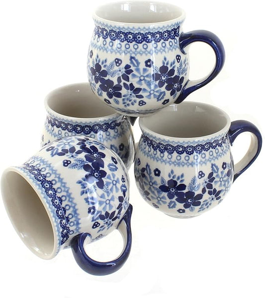 Blue Rose Polish Pottery - Vintage Blue Daisy 4 Piece Bubble Mug Set - 4 10 oz Mugs - Uniquely Shaped Mug Set for Entertaining Guests