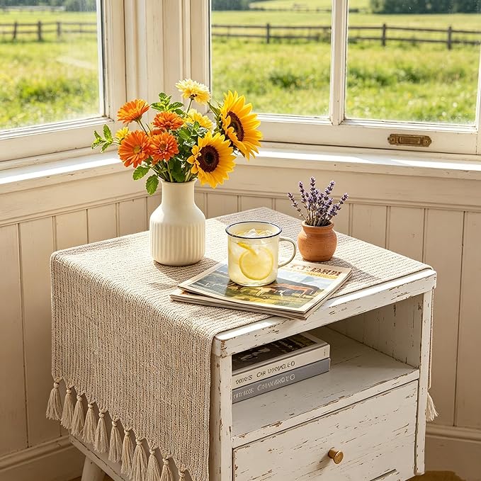 yuboo Boho Dresser Runner for Bedroom 36 Inch, Short Table Runner with Tassels, Small Farmhouse Dresser Top Cover for Nightstand, End Table, Coffee Table, Rustic Beige Bedroom Decor