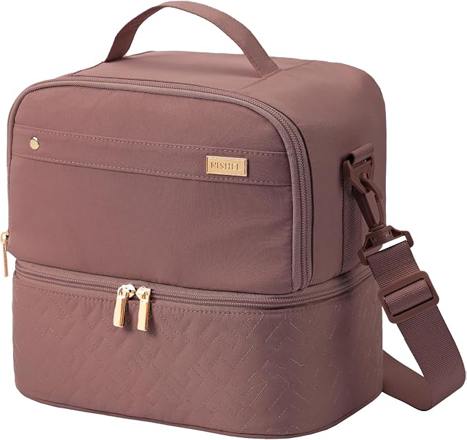 NISHEL Lunch Bag for Women, lunch box with Insulated Compartment and strap | Double-layer lunch bag with insulated compartments for meals, snacks and drinks, ideal for work and daily use, Rosewood-Pink
