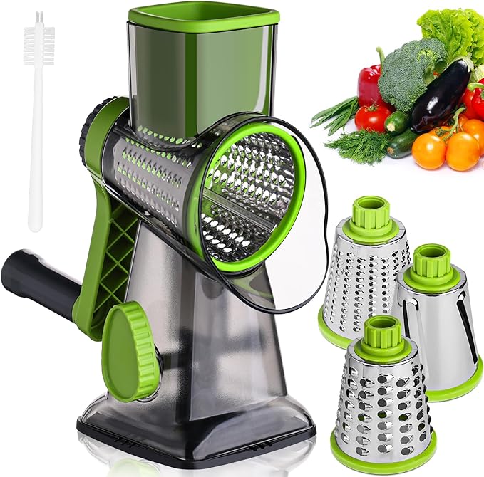 HANSGO Rotary Cheese Grater, 3 Stainless Steel Blades, Labor-Saving Handle, Strong Suction Base, for Cheese, Vegetables, Nuts, Chocolate & Fruits, Ideal for Family Meals, Salads, Pasta & Easy Cleanup