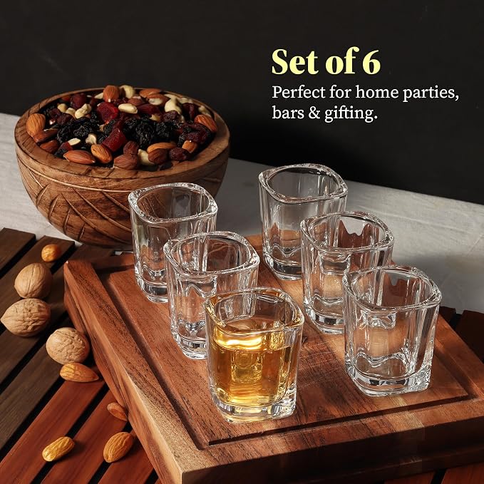 QUAFFER Square Shot Glasses Heavy Base 2oz (Set of 6) – Modern Shot Glass – Classic Whisky Vodka Tequila Sherry Brandy Cordial Mini Snifters Glasses - Perfect for Parties, Bars, Events, Home Bar