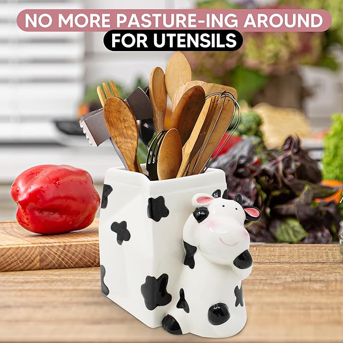 Utensil Holder | Cow Gifts For Women | Cow Stuff Print Kitchen Crock Storage | Accessories Decoration | Cute Gifts For Women | La Vaca Animal Cow Decor | Countertop Cow Stuff Vase