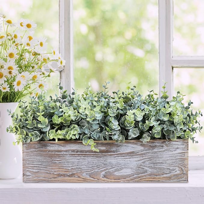 Winlyn 14" Artificial Eucalyptus in Rustic Rectangular Wooden Planter Box Faux Potted Eucalyptus Plant Greenery Arrangement for Home Wedding Dining Table Centerpiece Farmhouse Mantel Shelf Décor