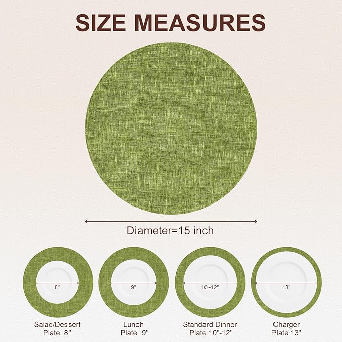 homing 15 Inch Round Cloth Placemats Set of 8, Cotton Linen Blend Washable Table Mats, Farmhouse Dining Place Mats for Indoors & Outdoors, Easy to Clean, Grass Green