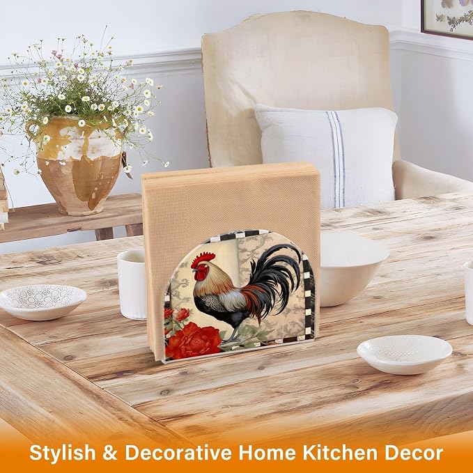 Qilmy Retro Red Rooster Napkin Holder for Table –Napkin Holders for Kitchen, Table Napkin Holders, Cocktail Napkin Holder,Paper Napkins Holder