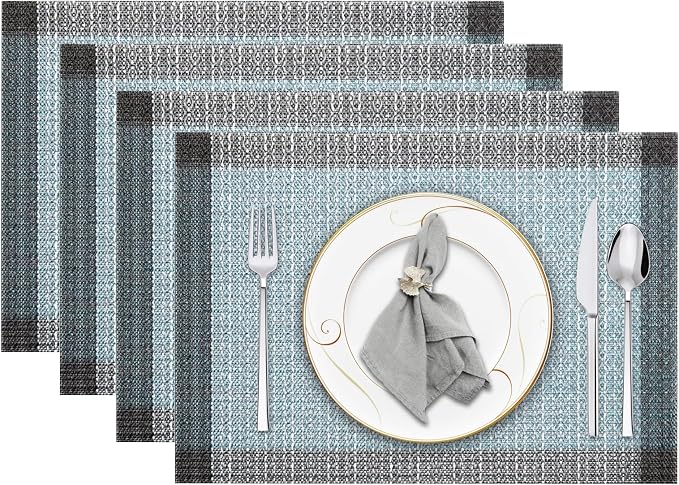 Niviy Blue Grey Ethnic Boho Placemats Set of 4, 12x18 Inch Linen Burlap Washable Durable Art Table Mats for Holiday Party Kitchen Dining Room Decoration