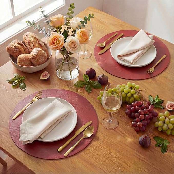 Artoid Mode Red Faux Leather Placemats Set of 6, 15 Inch Waterproof Wipeable Heat Resistant Vinyl Place Mats, Reversible Table Mats for Christmas Kitchen Dining Decor