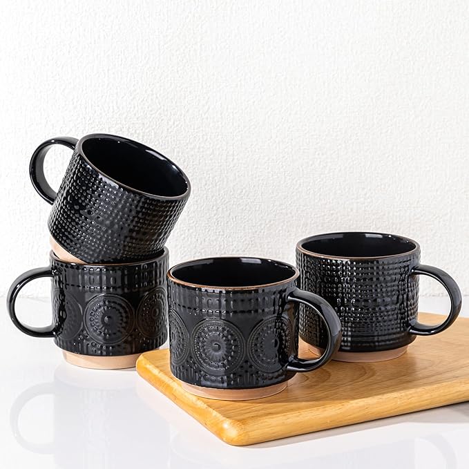 GBhome 12OZ Stackable Coffee Mugs, Ceramic Coffee Mugs with Texture Patterns for Man,Woman,Dad,Mom, Modern Coffee Mugs Set of 4 for Latte/Cappuccino/Cocoa. Dishwasher&Microwave Safe
