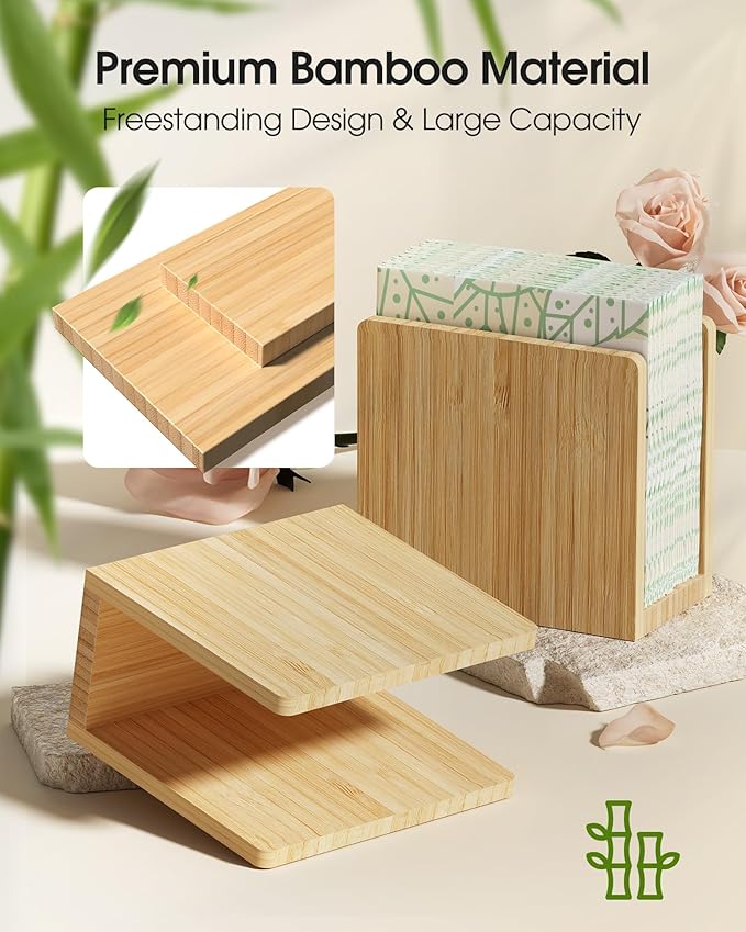MaxGear Bamboo Napkin Holder for Tables, Wooden Freestanding Tabletop Tissue Dispenser for Kitchen, Dining Room, Party, Outdoor, Holds 5.5x5.5 or Larger Napkins for Home, Restaurant, Hotel, 1 Pack