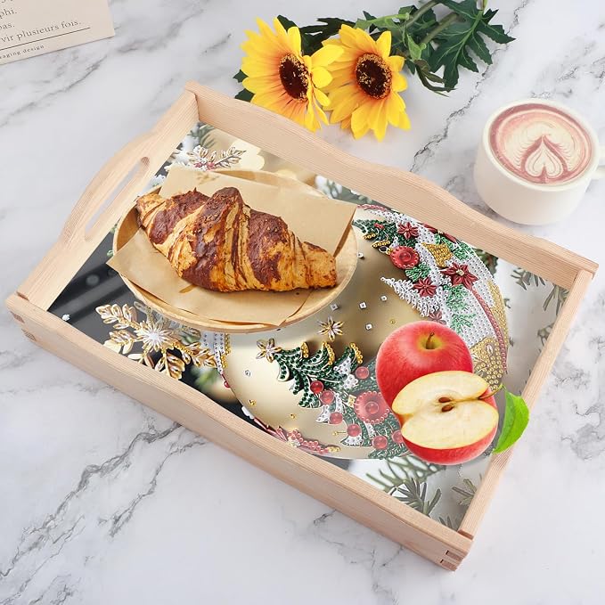 DIY Diamond Serving Tray Rectangular Breakfast Tray with Handle Handmade Diamond Art Painting Wooden Tray for Dinner Plate Coffee Room Living Home Organizer-Decorative Balls
