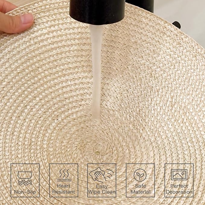 Feuille Round Braided Placemats Set of 4 Place Mats for Dining Table Woven Washable Non-Slip Table Mats 13.5 Inch (Beige, 4pcs)