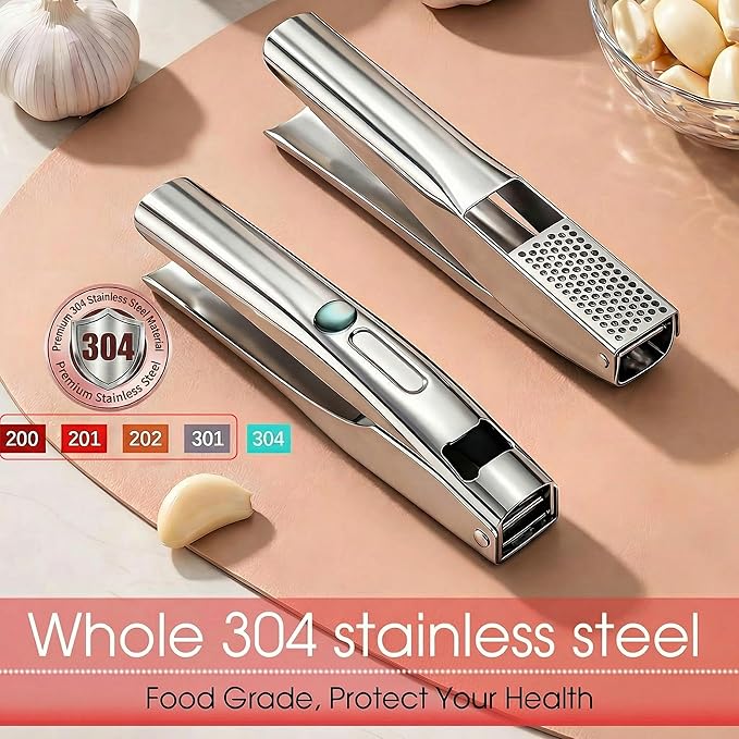 Garlic Press Heavy Duty Mincer and Peeler Set, Rust Proof 304 Stainless Steel Garlic Crusher, Easy-Squeeze Nut Ginger Chopper, Dishwasher Safe Kitchen Gadget