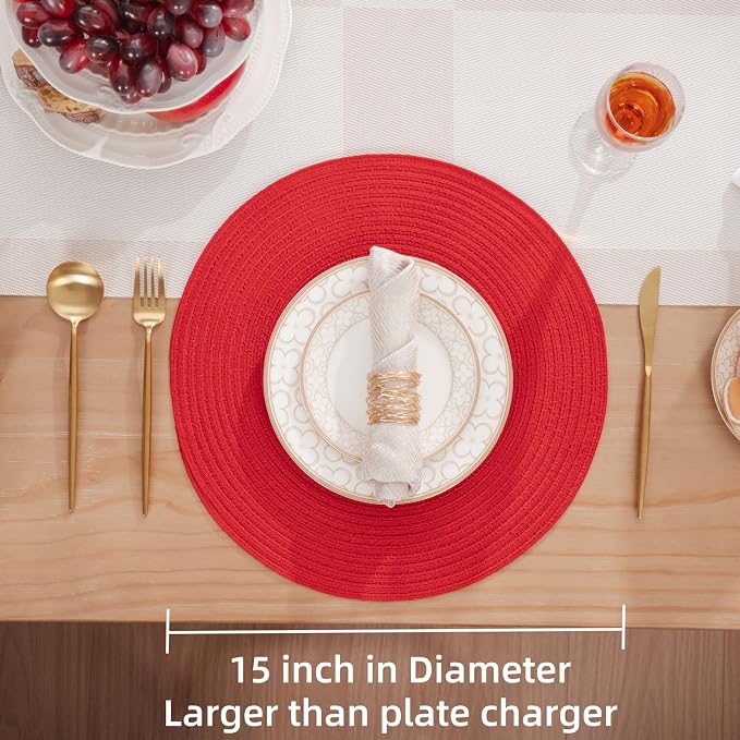 SHACOS Round Placemats Set of 4 Non Slip Washable Place Mats 15 inch Cotton Polyester Braided Placemat for Christmas Home Wedding Party Dining Table Decor (Red, 4)