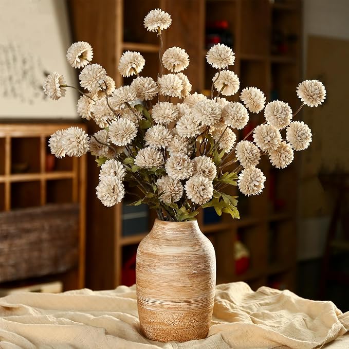 DuHouse 9pcs Artificial Flowers Faux Silk Pompon Mum,Silk Small Mini Chrysanthemum Ball with Stems for Wedding DIY Champagne Arrangements Bouquets Centerpieces Home Decorations(Beige)
