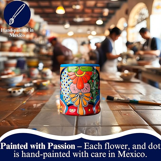 Talavera Utensil Holder - Hand Painted Ceramic Spoon Crock - Colorful Utensil Crock - Large Mexican Spoon Rest 6" H (Turquoise)