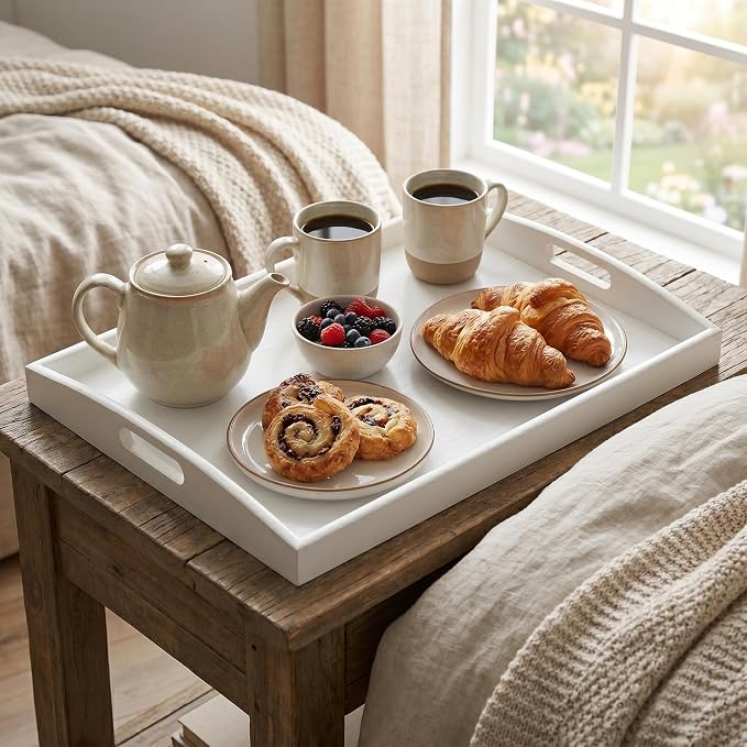 Bam & Boo White Bamboo Serving Tray Extra Large with Handles for Food, Drinks, Storage, Decor, Vanity, Breakfast, Parties, Weddings, Picnics(23.6” x 15” x 2.35”, White)