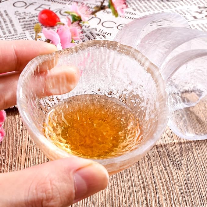1.7 oz Small Glass Cup Set of 4-50ml Clear Sake Cup, Espresso Shot Glass, and Whiskey Tasting Glass - 2.55" Wide x 1.89" Tall Textured Transparent Glassware for Spirits, Tea, and Home Bar