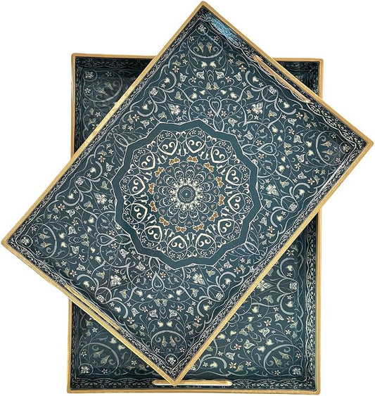 Decorative Tray, Blue Serving Tray with Handles, Set of 2, Plastic Coffee Table Tray for Living Room, Ottoman, Bathroom, Kitchen, Decor, Large 15.7”*11.8”, Small 13.7"*9.8"