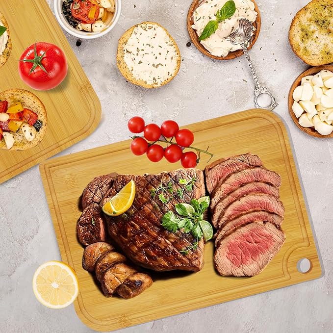 3Pcs Bamboo Cutting Boards for Kitchen, Healthy Wooden Cutting Boards for kitchen, Charcuterie, Vegetables, Cheese, Chopping Boards with Deep Juice Groove and Handle, Natural