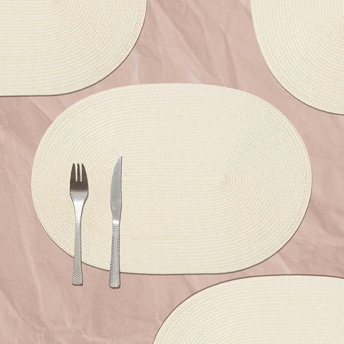 AHHFSMEI Placemats Set of 4 for Dining Table Washable Woven Non-Slip 18x12 inches Placemat Heat-Resistant Durable Table Mats for Dining Table Easy to Clean (Oval Beige, 4)