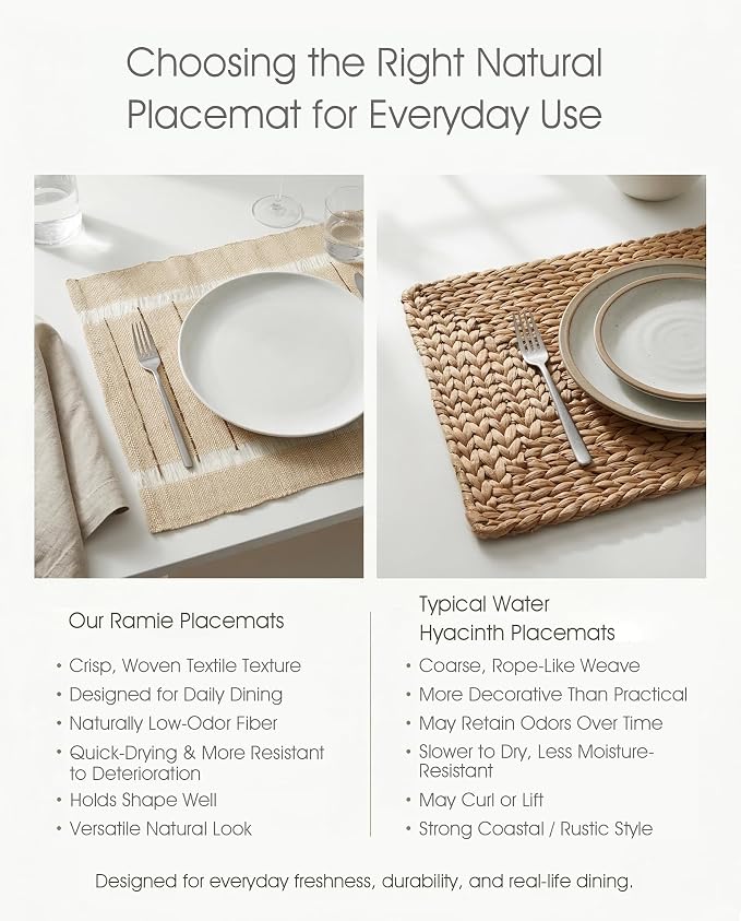Ramie Placemats Set of 6, 12 x 17 Inch Natural Woven Place Mats for Dining Table, Handwoven Boho Farmhouse Table Mats for Kitchen, Dining Room & Coffee Table Decor