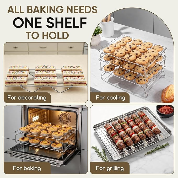 Herogo 15" x 10" Cooling Rack, 6-Tier Stainless Steel Baking Rack for Cookies, Cupcakes, and Pastries, Collapsible Space-Saving Design, Dishwasher Safe, Ideal for Baking, Roasting, and Drying