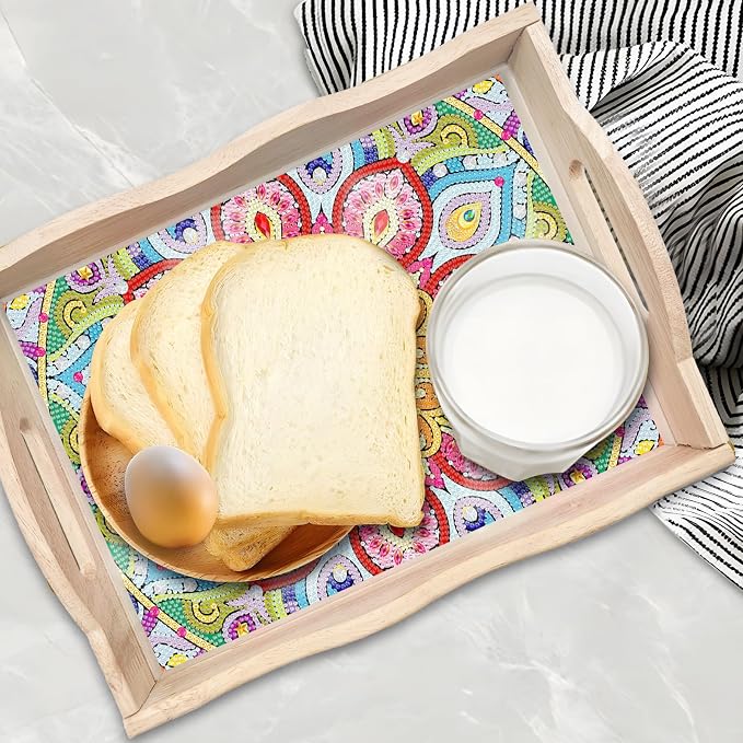 Generic DIY Diamond Serving Tray Rectangular Upgrade Increase Breakfast Tray with Handles Handmade Diamond Art Painting Wooden Tray Dinner Plate for Coffee Living Room Home Organizer-Mandala09